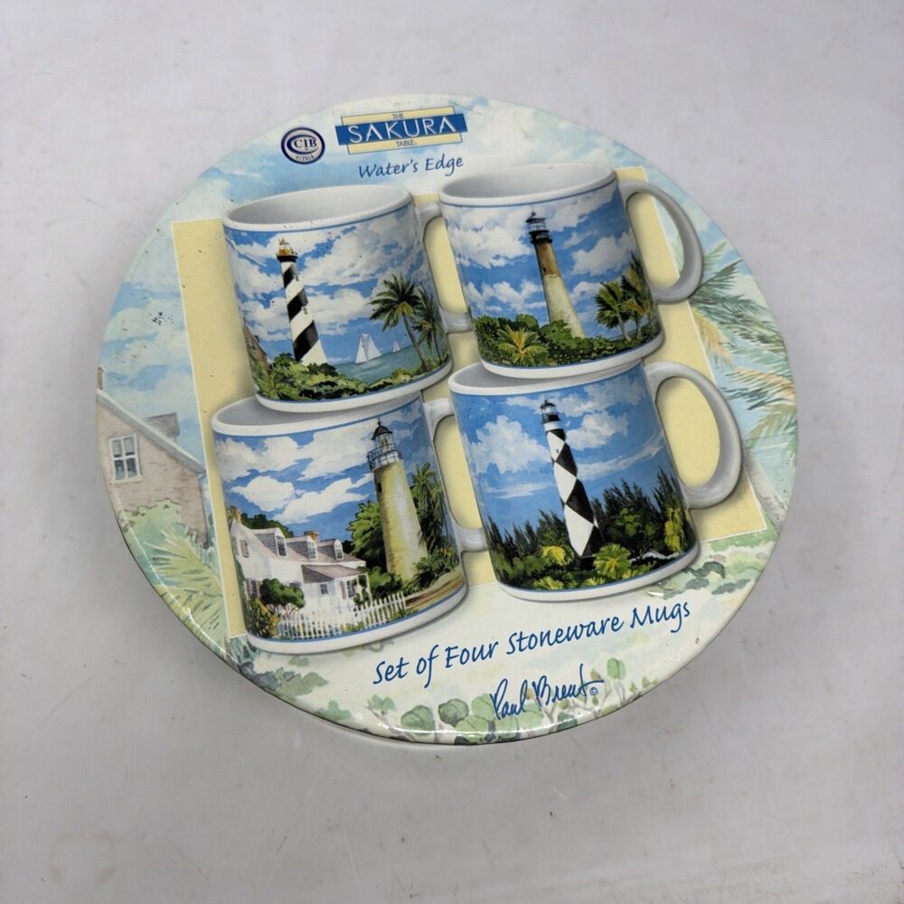 Set of 4 Sakura Water’s Edge Paul Brent Lighthouse Coffee Cups Mugs In Box